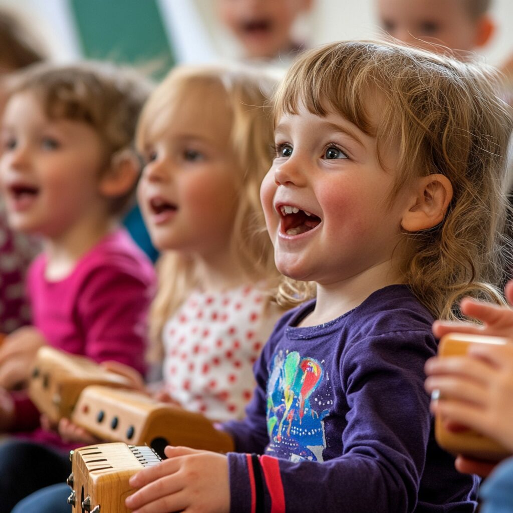 De jeunes enfants souriants avec de petits claviers dans les mains lors d'une séance d'éveil musical.