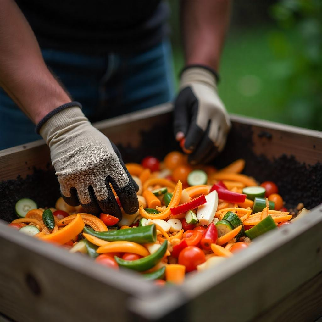 Une personne en train de déposer des déchets de cuisine dans un composteur.